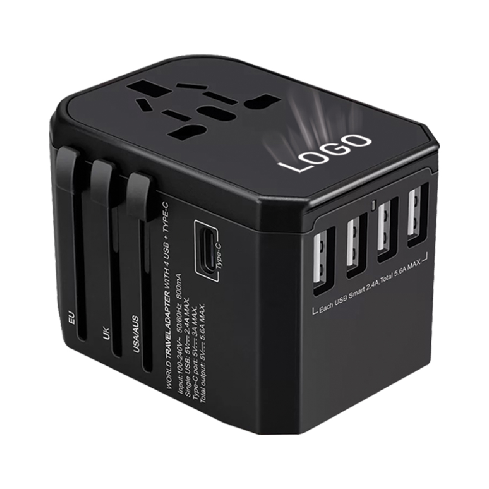 LIGHT UP LOGO TYPE-C + 4 USB PORT UNIVERSAL TRAVEL ADAPTER