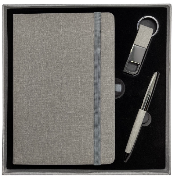 Premium Gift Set A5 With Fabric Notebook Gun Metal Pen & keyring